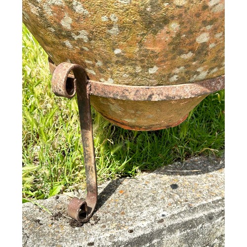 138 - GARDEN URN ON STAND, well weathered terracotta with moulded rim and ridged decoration tapering form ... 