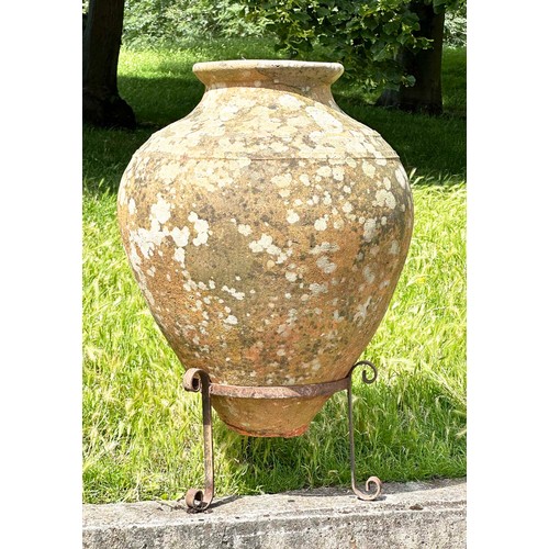 138 - GARDEN URN ON STAND, well weathered terracotta with moulded rim and ridged decoration tapering form ... 