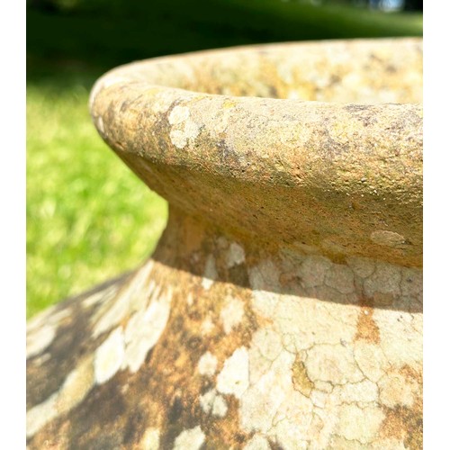 138 - GARDEN URN ON STAND, well weathered terracotta with moulded rim and ridged decoration tapering form ... 