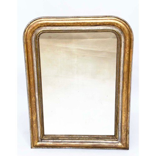 114 - WALL MIRROR, 19th century French giltwood and gesso with arched beaded and incised frame, 77cm W x 1... 