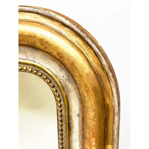 114 - WALL MIRROR, 19th century French giltwood and gesso with arched beaded and incised frame, 77cm W x 1... 