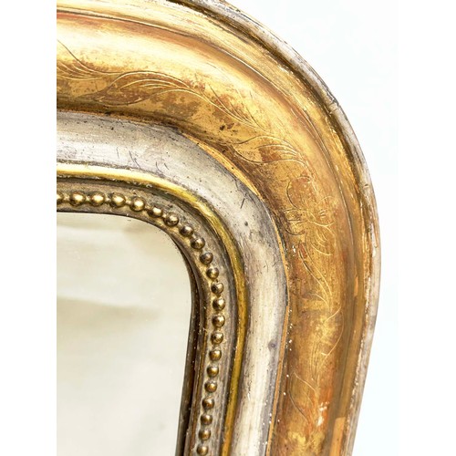 114 - WALL MIRROR, 19th century French giltwood and gesso with arched beaded and incised frame, 77cm W x 1... 