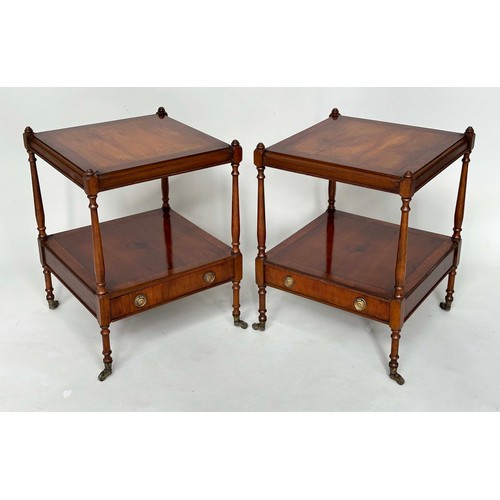 122 - LAMP TABLES, a pair, George III design mahogany and crossbanded each with two tiers and drawer, 45cm... 