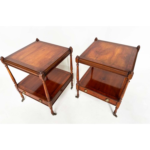 122 - LAMP TABLES, a pair, George III design mahogany and crossbanded each with two tiers and drawer, 45cm... 