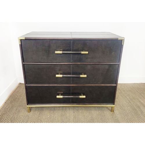 427 - CHEST OF DRAWERS, dark leather with three long drawers and gilt metal details, 89cm H x 98cm W x 46c... 