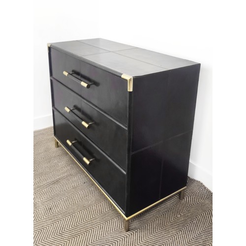 427 - CHEST OF DRAWERS, dark leather with three long drawers and gilt metal details, 89cm H x 98cm W x 46c... 