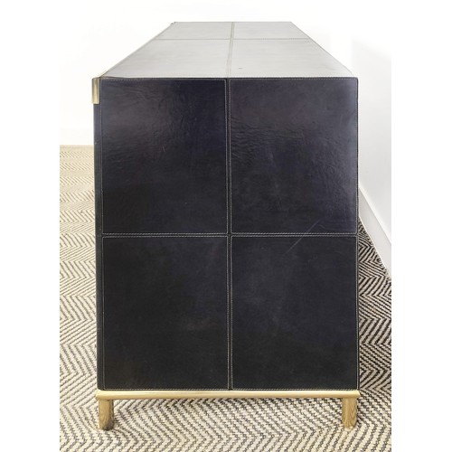 427 - CHEST OF DRAWERS, dark leather with three long drawers and gilt metal details, 89cm H x 98cm W x 46c... 