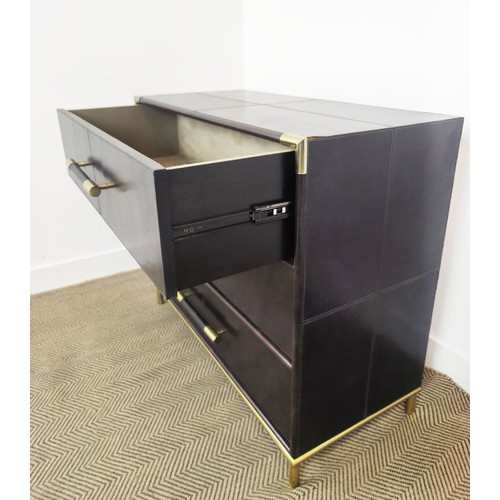 427 - CHEST OF DRAWERS, dark leather with three long drawers and gilt metal details, 89cm H x 98cm W x 46c... 