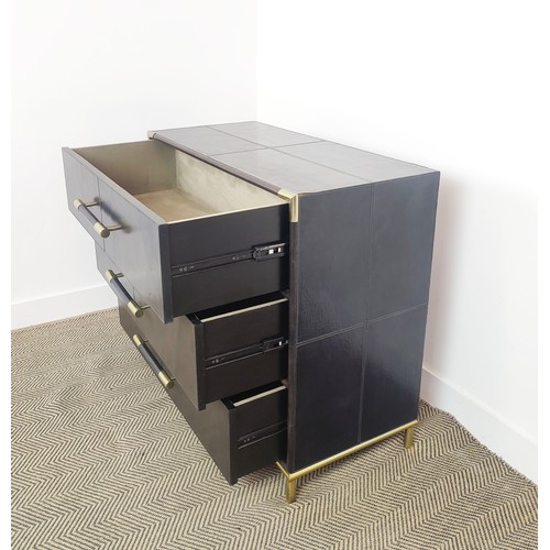 427 - CHEST OF DRAWERS, dark leather with three long drawers and gilt metal details, 89cm H x 98cm W x 46c... 