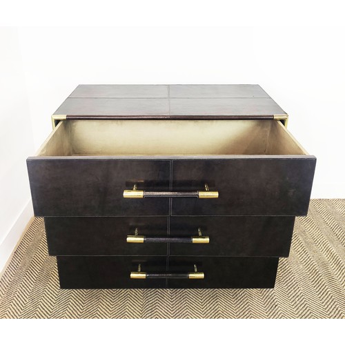 427 - CHEST OF DRAWERS, dark leather with three long drawers and gilt metal details, 89cm H x 98cm W x 46c... 