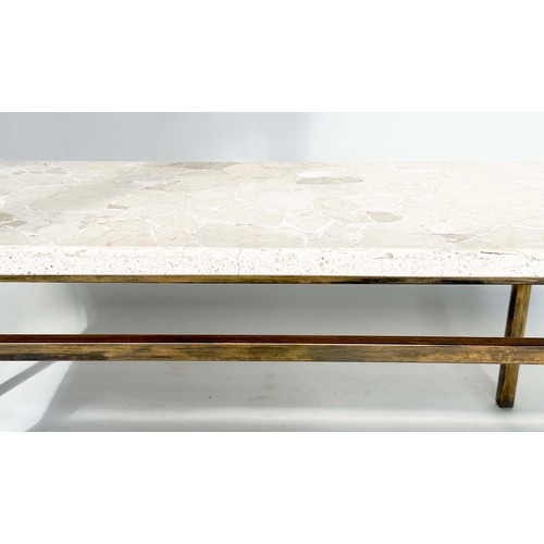 118 - LOW TABLE, Italian rectangular travertine mosaic raised upon gilt metal supports, 44cm H x 117cm W x... 