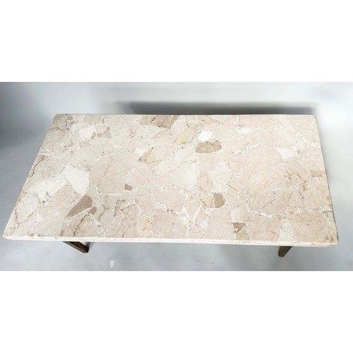 118 - LOW TABLE, Italian rectangular travertine mosaic raised upon gilt metal supports, 44cm H x 117cm W x... 