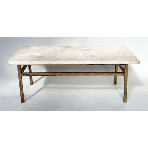 118 - LOW TABLE, Italian rectangular travertine mosaic raised upon gilt metal supports, 44cm H x 117cm W x... 