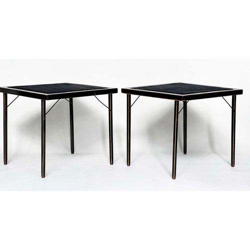 119 - BRIDGE TABLES, a pair, early 20th century lacquered and gilt chinoiserie painted each square with fo... 