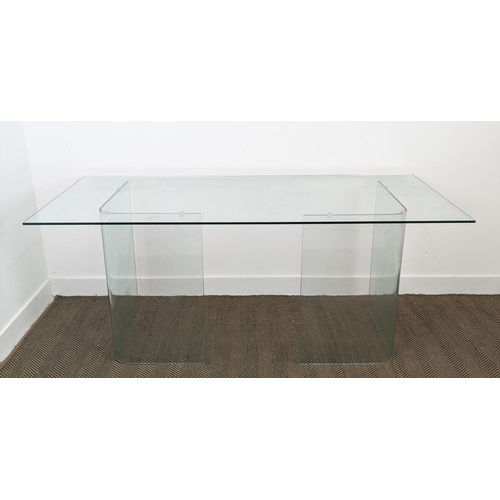 489 - GLASS DINING TABLE, with curved supports, 80cm D x 78cm W x 190 H.