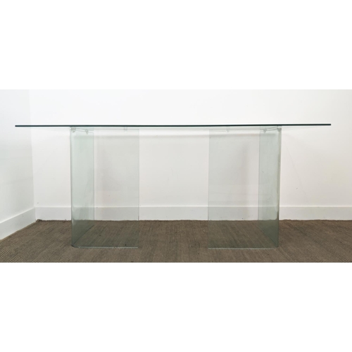 489 - GLASS DINING TABLE, with curved supports, 80cm D x 78cm W x 190 H.