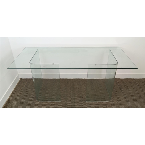 489 - GLASS DINING TABLE, with curved supports, 80cm D x 78cm W x 190 H.