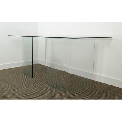 489 - GLASS DINING TABLE, with curved supports, 80cm D x 78cm W x 190 H.