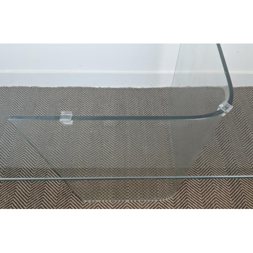 489 - GLASS DINING TABLE, with curved supports, 80cm D x 78cm W x 190 H.