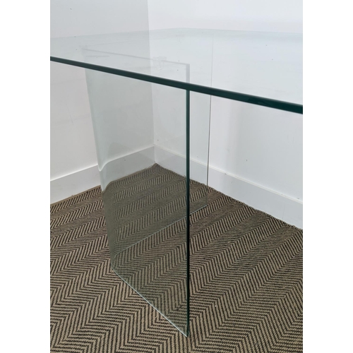 489 - GLASS DINING TABLE, with curved supports, 80cm D x 78cm W x 190 H.