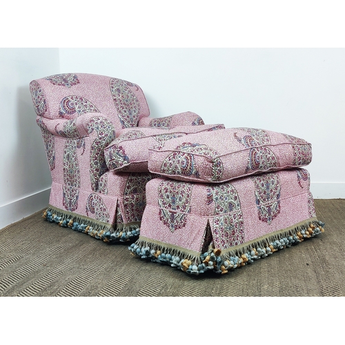 401 - GEORGE SMITH MEDIUM STANDARD ARM SIGNATURE CHAIR AND STOOL, in Soane parrot paisley fabric, chair, 8... 