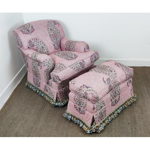 401 - GEORGE SMITH MEDIUM STANDARD ARM SIGNATURE CHAIR AND STOOL, in Soane parrot paisley fabric, chair, 8... 