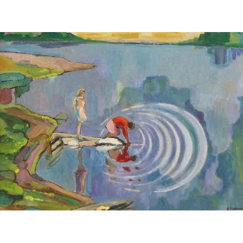 83 - VIKTOR TEMPLIN (1920-1994), 'Washing in the river', 1960's, oil on board, 49cm x 66cm.