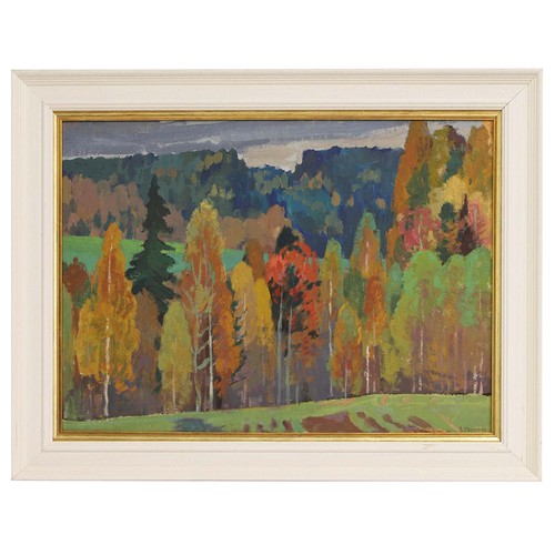 85 - VIKTOR TEMPLIN (1920-1994), 'The autumn forest', 1960's, oil on board, 43cm x 58cm.