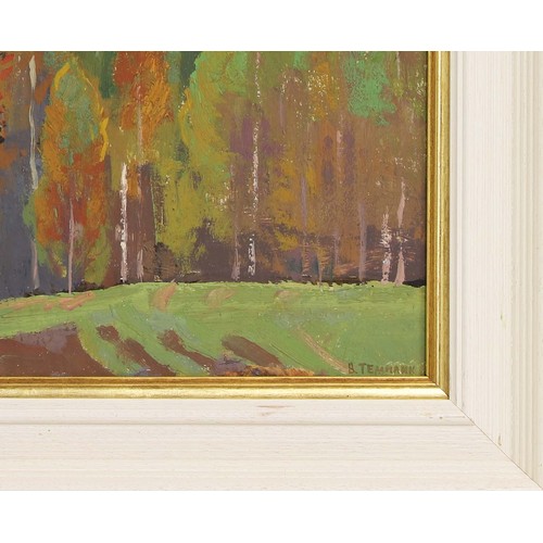 85 - VIKTOR TEMPLIN (1920-1994), 'The autumn forest', 1960's, oil on board, 43cm x 58cm.