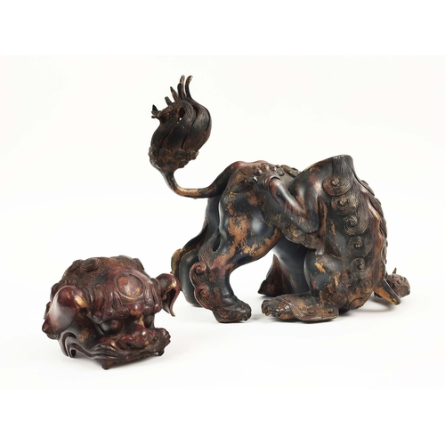 1 - A CHINESE BRONZE FIGURE GROUP, dogs of fo, play fighting, early 20th century, detachable head, 24cm ... 