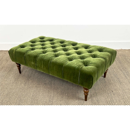 145 - FOOTSTOOL, green buttoned velvet upholstered with turned supports, 31cm H x 100cm x 59cm.