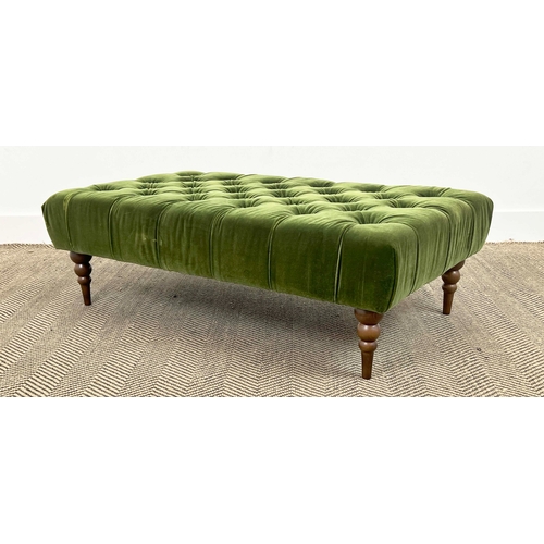 145 - FOOTSTOOL, green buttoned velvet upholstered with turned supports, 31cm H x 100cm x 59cm.