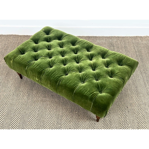 145 - FOOTSTOOL, green buttoned velvet upholstered with turned supports, 31cm H x 100cm x 59cm.