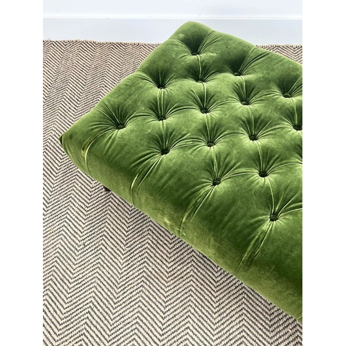 145 - FOOTSTOOL, green buttoned velvet upholstered with turned supports, 31cm H x 100cm x 59cm.