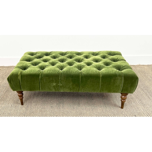 145 - FOOTSTOOL, green buttoned velvet upholstered with turned supports, 31cm H x 100cm x 59cm.