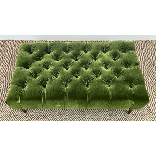 145 - FOOTSTOOL, green buttoned velvet upholstered with turned supports, 31cm H x 100cm x 59cm.