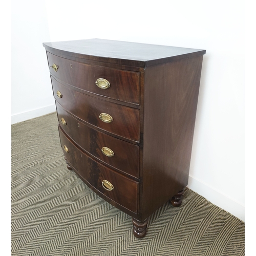 147 - BOWFRONT CHEST, 19th century mahogany with crossbanded top above four drawers, 105cm H x 98cm W x 52... 