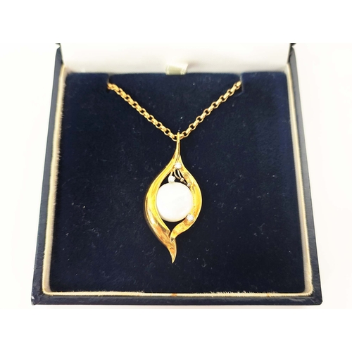 15 - CHRISTOPHER MILTON STEVENS; AN 18CT GOLD PEARL AND DIAMOND SET PENDANT, fitted on a 9ct gold chain, ... 