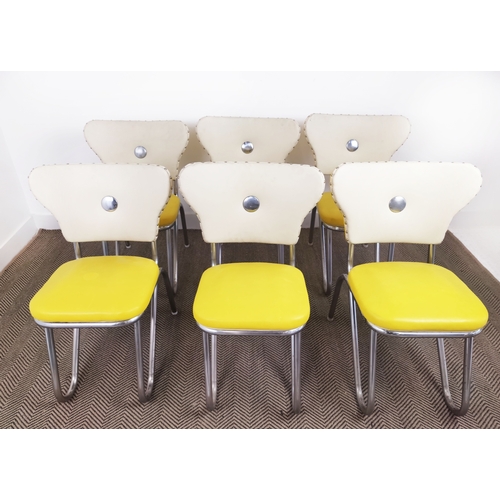 151 - DINING CHAIRS, American style 1950's with yellow vinyl upholstery on chrome supports, 80cm H x 54cm ... 