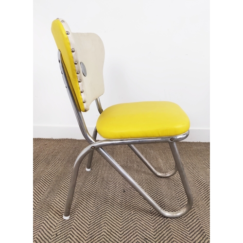 151 - DINING CHAIRS, American style 1950's with yellow vinyl upholstery on chrome supports, 80cm H x 54cm ... 