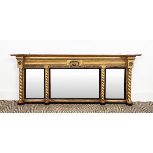 152 - OVERMANTEL, Regency giltwood, gesso and ebonised with triple plates, 57cm H x 142cm W.