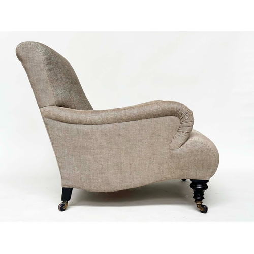 154 - ARMCHAIR, mid 19th century Howard style with new grey linen upholstery and ebonised supports with ca... 