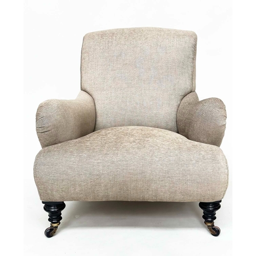 154 - ARMCHAIR, mid 19th century Howard style with new grey linen upholstery and ebonised supports with ca... 