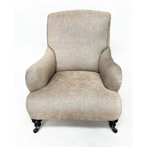 154 - ARMCHAIR, mid 19th century Howard style with new grey linen upholstery and ebonised supports with ca... 