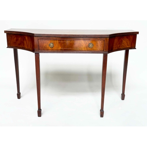 155 - HALL TABLE, George III design flame mahogany and boxwood inlaid with frieze drawer, shaped sides and... 