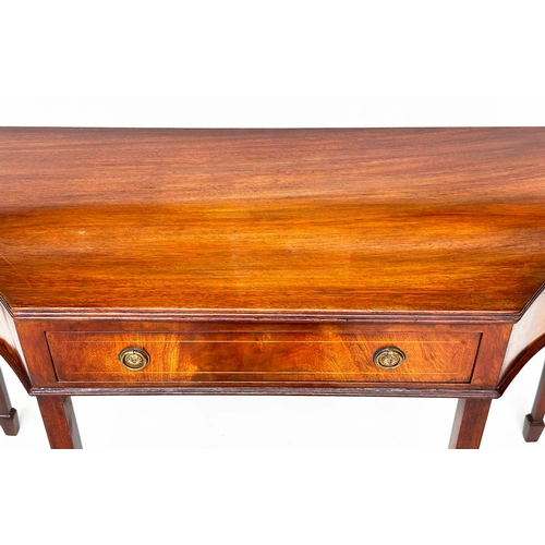 155 - HALL TABLE, George III design flame mahogany and boxwood inlaid with frieze drawer, shaped sides and... 