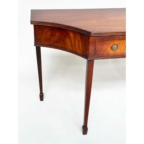 155 - HALL TABLE, George III design flame mahogany and boxwood inlaid with frieze drawer, shaped sides and... 