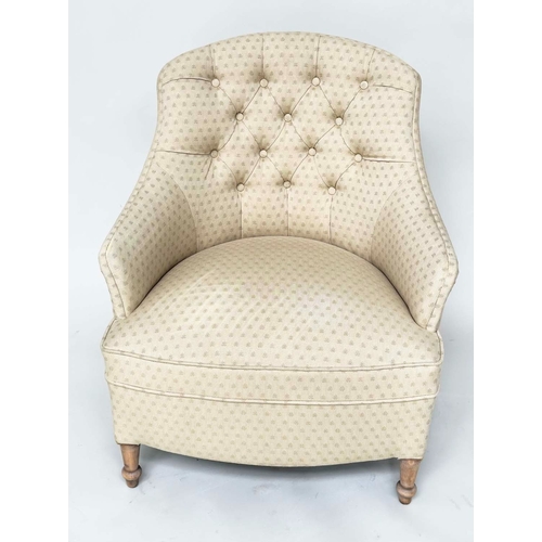 156 - SLIPPER ARMCHAIR, early 20th century with sand woven fabric upholstery, button back and tapering tur... 