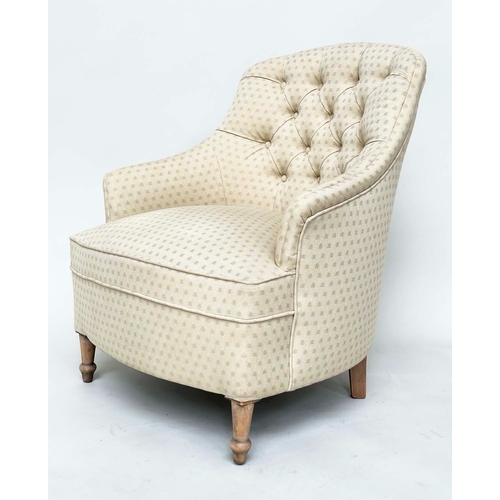 156 - SLIPPER ARMCHAIR, early 20th century with sand woven fabric upholstery, button back and tapering tur... 