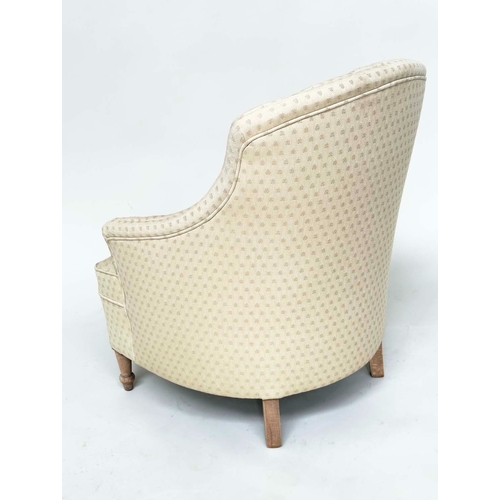 156 - SLIPPER ARMCHAIR, early 20th century with sand woven fabric upholstery, button back and tapering tur... 